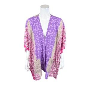 Susan Graver Printed Woven Open Front Cardigan Patch w/ Pockets Rose 3X Plus Sz